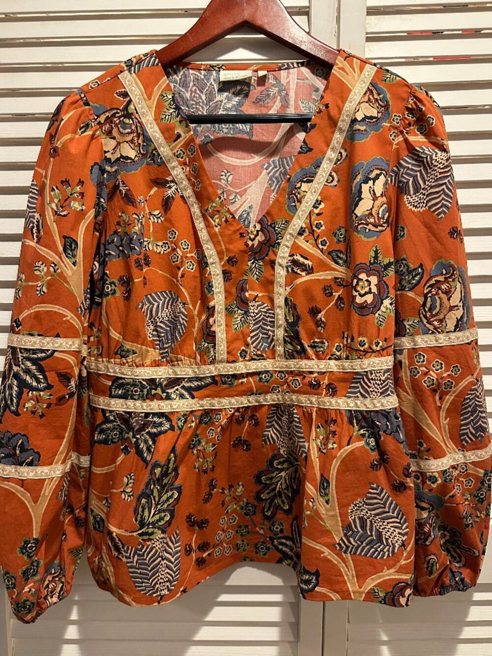 Spartina 449 Womens M Orange Floral Peplum Blouse Boho Fall V Neck Puff Sleeve